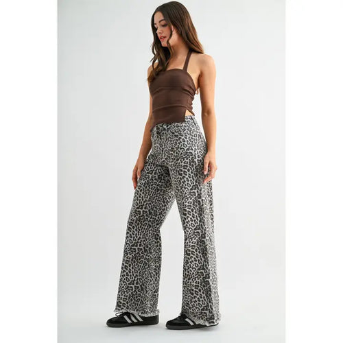 Mica Denim Wild Side High-Rise Leopard Wide Leg Jeans