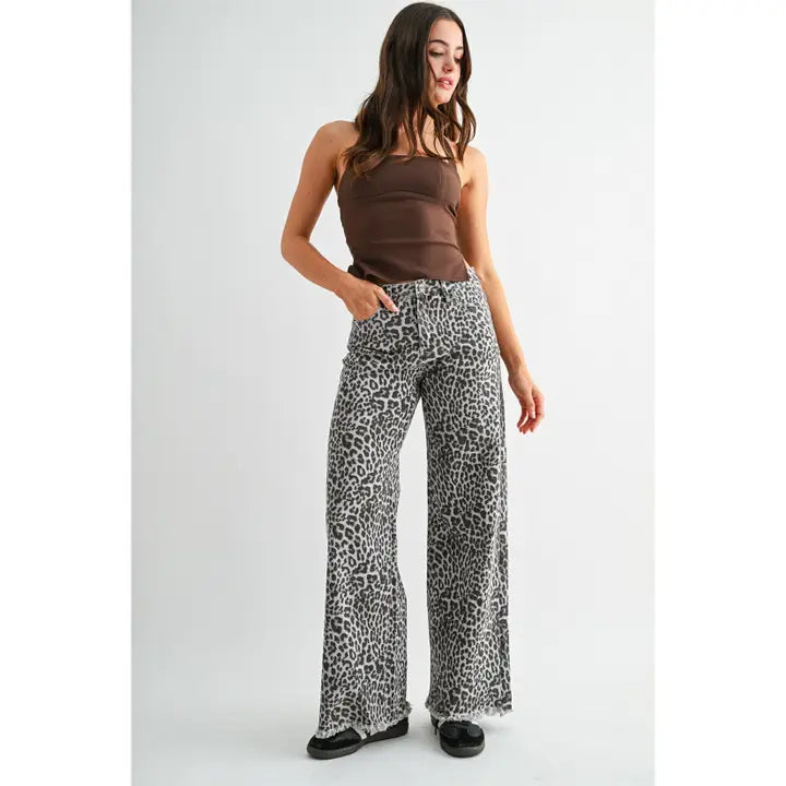 Mica Denim Wild Side High-Rise Leopard Wide Leg Jeans